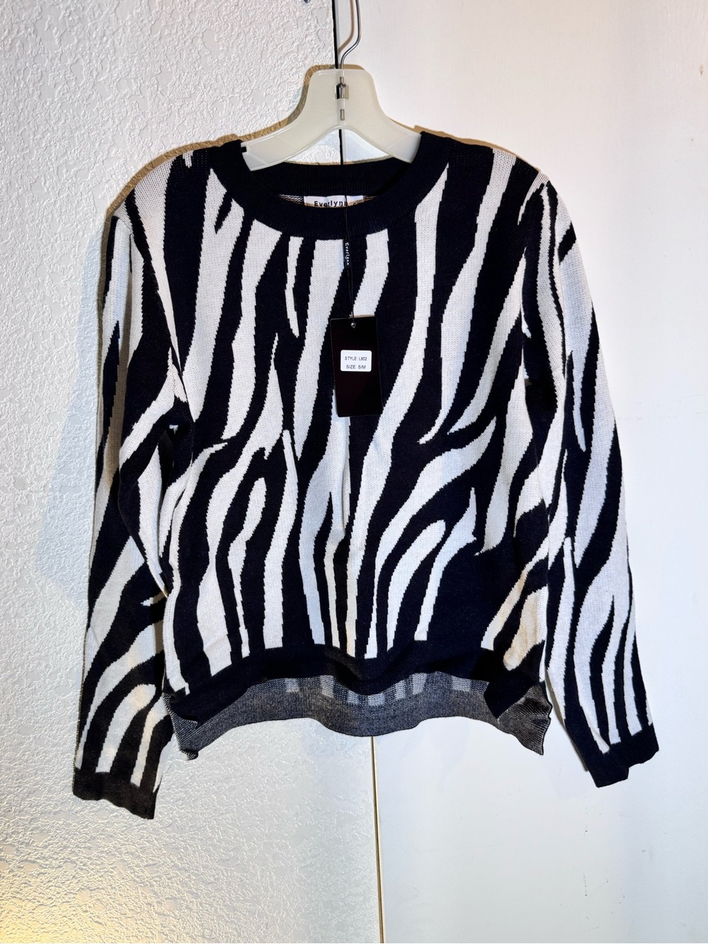 Zebra-Print Crewneck Sweater — Black & White